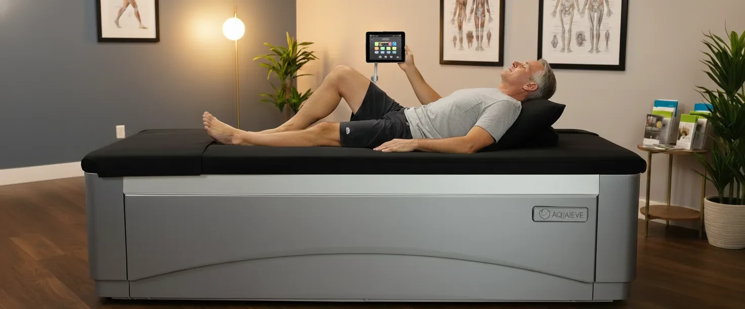 A patient relaxing on the AquaLieve recovery table in the Chiropractic Health Center recovery lounge